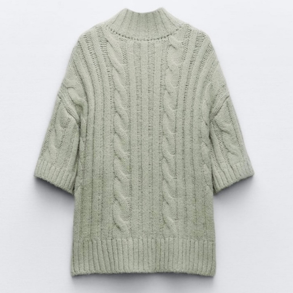 ZARA, short-sleeved Mint Green Cable Knit sweater with side slits, Small - Picture 5 of 6